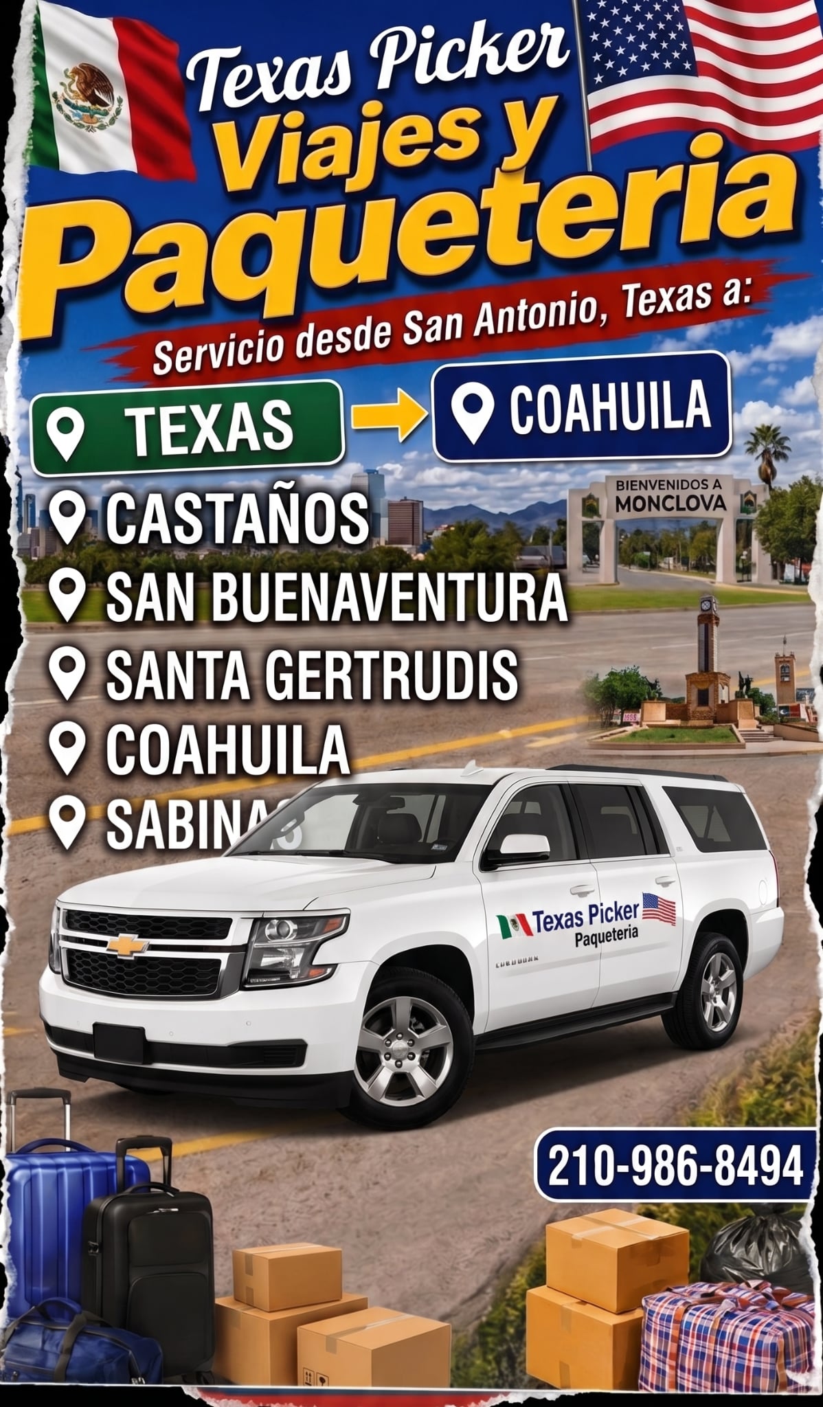 AI-assisted flyer sample for Texas Picker Paqueteria shipping routes and contact information