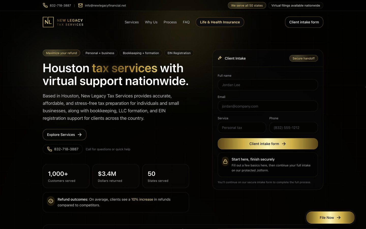 New Legacy Tax Services homepage shown on a desktop monitor